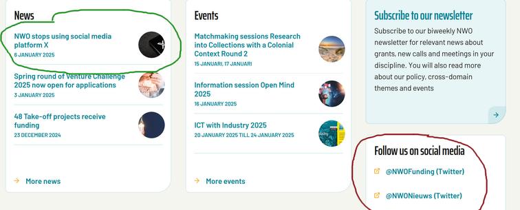 Screenshot of the NWO website with a news post stating they stop using twitter, but social media links still point there.