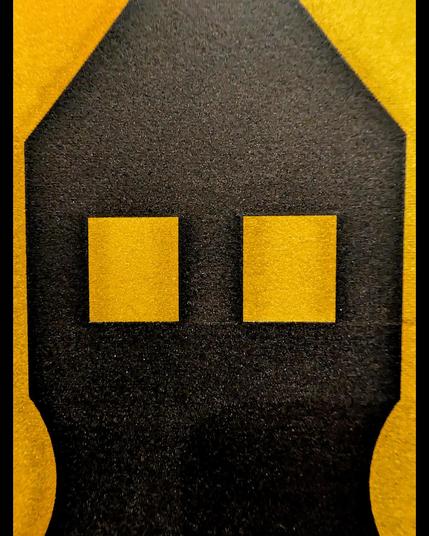 A striking generative artwork in the form of a tall, shadowed tower silhouette rising against a golden semicircle backdrop. The architectural figure, rendered in bold black, cuts through the glowing, textured hues of the semicircle, evoking the mysterious interplay between structure and celestial light. The sharp contrast and balanced composition make this piece feel like a contemplative narrative about solitude and power, encapsulated in its towering form. Created using an unreleased prototype pen plotter, this piece is part of an exploration in generative art during an artist residency.