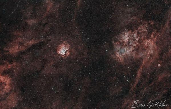 Subject: SH2-112 and surrounding region. SH2-112 is a circular region ringed with red and dark dust lines with a blue oxygen center.