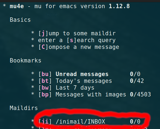 Image of #emacs #mu4e email program with zero messages in the inbox highlighted by a red circle