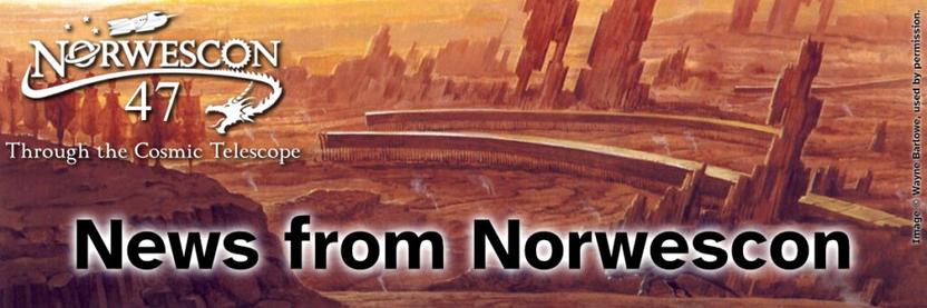 The Norwescon logo and text News From Norwescon over art by Wayne Barlowe of an orange-tinted alien landscape.