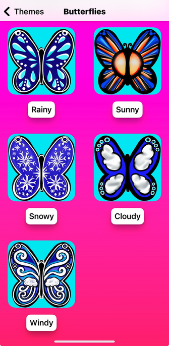 Please Don't Rain theme selection screen showing a theme of drawings of butterflies with weather conditions on their wings.