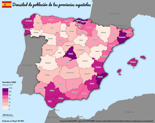 A map of population density in Spain. The map shows the Spanish provinces (with the exception of Santa Cruz de Tenerife and Las Palmas) colored according to population density, classified into 6 classes. The name of each province is displayed. Also shown are Spain's neighboring countries: Portugal, France, Andorra, Morocco and Algeria.
