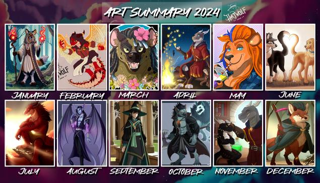 A colorful art summary of 2024 featuring 12 pieces of artwork, one for each month. The background has a dreamy, twilight gradient with soft clouds. Each month is labeled below its corresponding illustration. The images are neatly arranged in a grid, each framed, capturing a diverse array of character designs and styles.