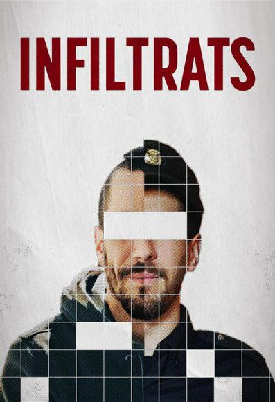 Muntatge amb dues meitats de la mateixa cara d'un dels polis infiltrats, una d'uniforme i l'altra d'infiltrat. Divididaen quadrats, li falten els dels ulls i algun altre del cos