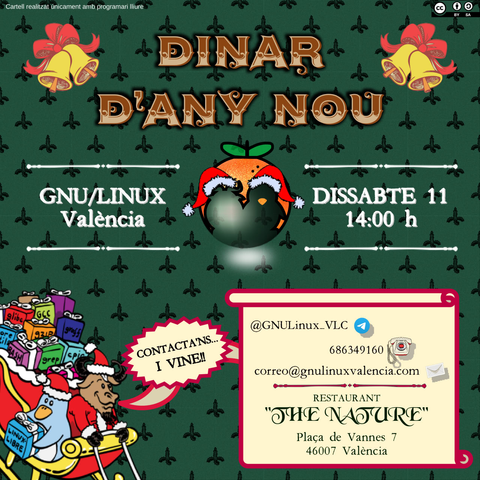 Cartel anunciando la comida. Sábado 11 de enero, a las 14:00 en el Restaurante The Nature. Dirección Plaça de Vannes 7, 46007 València. Importante contactar si se quiere asistir.