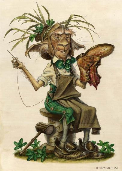 A leprechaun making a shoe, as depicted by Tony DiTerlizzi.
