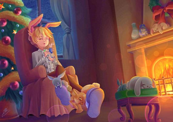 Digital illustration of kemonomimi rabbit boy relaxing in Christmas decorated living room with five rabbits scattered across the room.