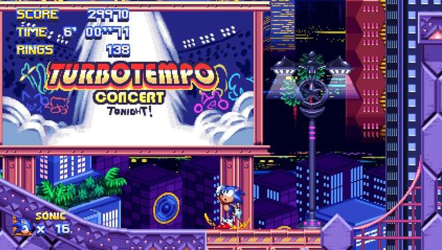 Screenshot from Sonic Galactic. Sonic is in a night time city scape background, looking up at a large billboard that reads "TURBOTEMPO CONCERT Tonight!"
