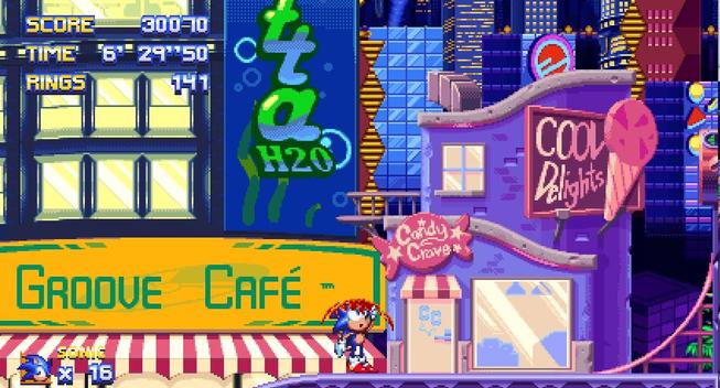 Screenshot of Sonic looking up at a candy store with a sign that reads COOL Delights.