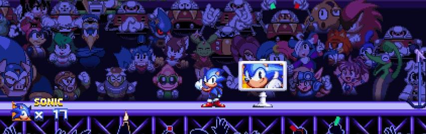 Sonic on stage at a rock concert giving a thumbs up. Various characters from other 2D platformer properties make up the audience in the background.