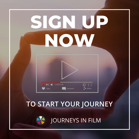 Two hands frame a camera shot against a blurred violet sunset. A video recorder display is imposed overtop. Text says: "Sign up now to start your journey. Journeys in Film."