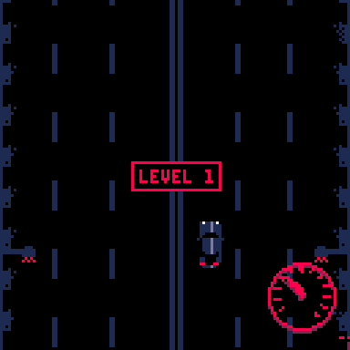 Screenshot of the PICO-8 game "Night Ride" with a top down 2D view of a highway and a car in black / dark grey colors (it's night, all right) and the text "LEVEL 1" written in red and surrounded by a red box being superimposed in the middle of the screen.