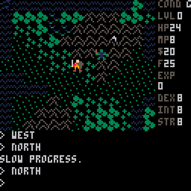 Screenshot of the PICO-8 game "Minima" which resembles the looks of the old "Ultima" 2D role playing game from the 8 bit era.
