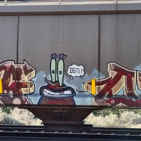 Train car with graffiti rolling through Kamloops BC Canada