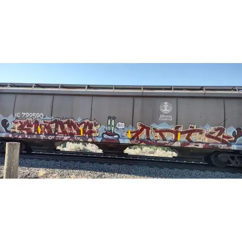 Train car with graffiti rolling through Kamloops BC Canada