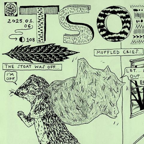 The front page of an illustrated zine/comic, showing a stoat walking off with a large sack on its back, which contains Fraser the cat!