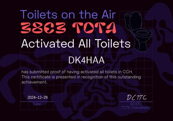 Toilets on the Air Activated All Toilets DK4HAA

has submitted proof of having activated all toilets in CCH. This certificate is presented in recognition of this outstanding achievement.

TOTA Coordinator