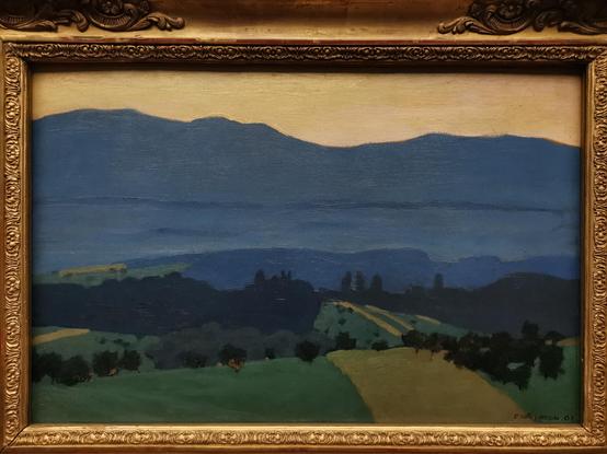 Un paysage vallonné se terminant par un relief montagneux. La peinture est déposée par aplats.
Le ciel est couleur jaune or.
L'équilibre des couleurs est tel que, même si la matière est très simple, l'impression de réel est saisissante.