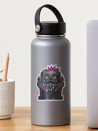 Holographic sticker on a grey water bottle depicting Honey, an anthropomorphic cartoon punk honey badger wheelchair user. She's got an angry expression, looking towards the viewer with her pierced eyebrows at a scornful angle, her mouth wide open with her sharp teeth bared, and both her middle fingers raised showing pink claws. She's also got spiky hair with pink tips, pink earrings, and a battle jacket with pink spikes across its shoulders and sleeves, a grey vest, adorned with buttons and patches such as the Fediverse rainbow star, the disability pride flag, the feminism and anarchy symbols, an anti-Bugs symbol which can be interpreted as anti-AI, and an intersex-inclusive progress pride flag.