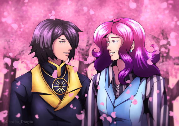 Two men are walking together under the cherry blossom trees. Pink petals fall around them in a gust of wind. One man (Grimoire) wears all black and gold. He has short black hair. The other wears a black and white button-up shirt with a blue vest over it. He has pink and purple curly hair. They seem to be discussing something.