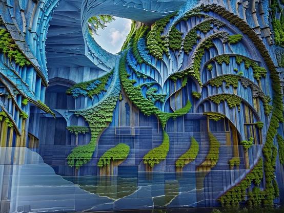 A vibrant layered vertical garden of lush green foliage, growing from a blue and purple colored wall with a textured spiral fractal structure.