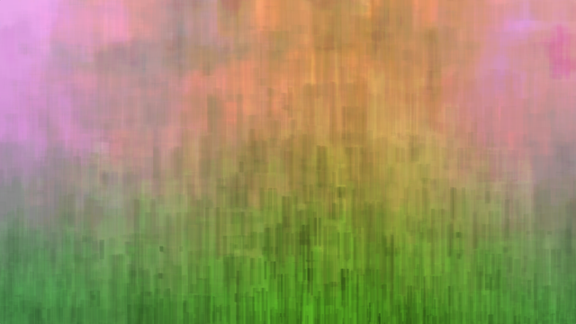 Abstract landscape-like image, in landscape format. The bottom third consists of green rectangular shapes that look somewhat like reeds, rising near the center. The top two-thirds has an orange cloud-like region with splotches of gray, surrounded by pink-purple.