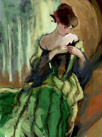 A young woman seated, wearing a green & black gown.