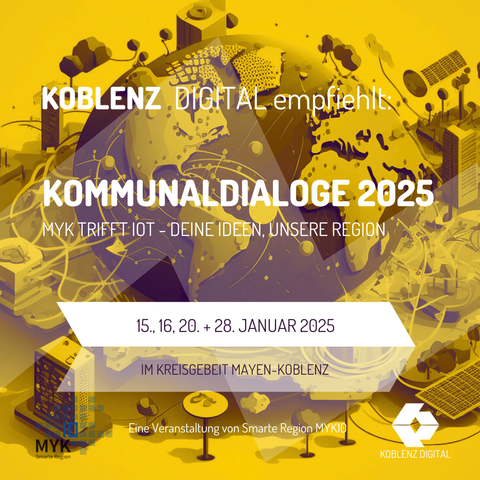 Das Bild ist ein farbenfrohes Poster mit verschiedenen digitalen und technologischen Elementen. Es zeigt eine abstrakte Darstellung einer Stadtlandschaft mit Gebäuden, Zahnrädern und digitalen Verbindungen, die ein Netzwerk symbolisieren. Im Zentrum steht ein prominenter Text auf Deutsch: "KOBLENZ_DIGITAL empfiehlt: KOMMUNALDIALOGE 2025 - MYK trifft IoT - Deine Ideen, unsere Region." Darunter sind die Daten "15, 16, 20 + 28. JANUAR 2025" und Informationen zum Veranstaltungsort "IM KREISGEBIET MAYEN-KOBLENZ" zu sehen, gefolgt von "Eine Veranstaltung von Smarte Region MYK|IO." In der unteren rechten Ecke befindet sich das Logo von KOBLENZ_DIGITAL.

Das Bild bewirbt eine zukünftige Veranstaltung, die sich auf den kommunalen Dialog über digitale Fortschritte in der Region Mayen-Koblenz konzentriert und die Integration des Internets der Dinge (IoT) sowie die öffentliche Beteiligung an der regionalen Entwicklung betont.