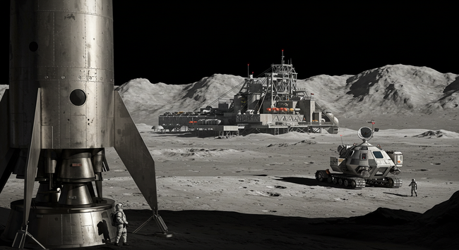 A low angle of a landscape of the moon as if the camera was there. Very stark lighting, with strong shadows cast over the craters and mountains in the background. Stylized as a 1950's pulp novel cover. A brushed silver rocket ship stands in the foreground. A very large lunar mining colony is in the middle ground. A tracked capsul-shaped rover is returning to the colony from the ship. Spacesuited figures are near the bottom of the ship.