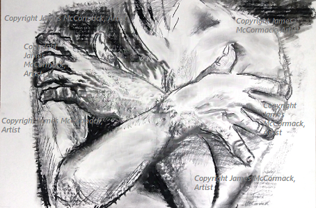 G.
Cold.
Drawing - Charcoal On Paper. 

Arms crossed, hands gripping upper arms, attempting to warm up in the cold of the night. A shirt or coat would help.
