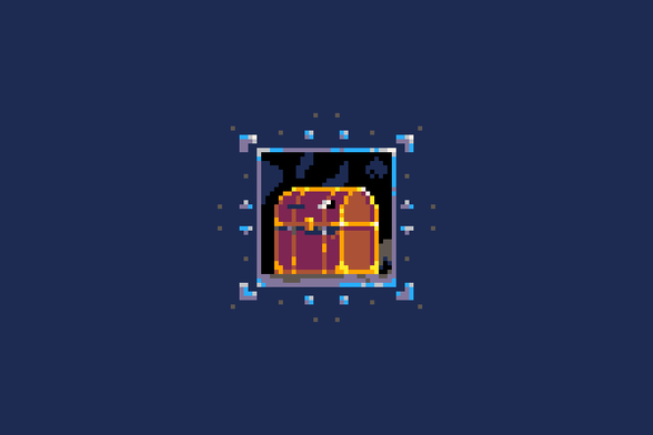 Pixel art depiction of a creature pretending to be a treasure chest and peeking with one eye to the side
