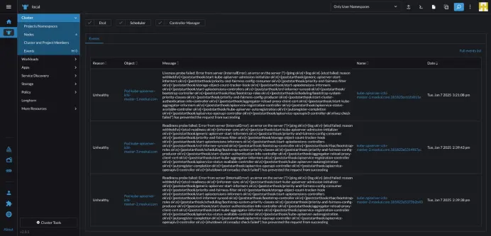Rancher web UI showing the dashboard of a cluster, with some recent events listed pertaining various Master nodes, each with an error of either Readiness or Liveness probe failed.