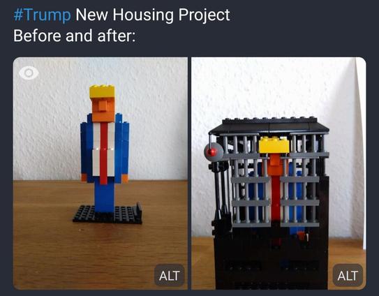 A Trump figure made out of Lego bricks in the first picture and within a Lego prison in the second picture.