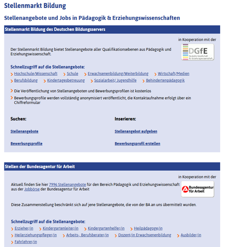Ausschnitt der Startseite des Stellenmarkt Bildung mit Schnellzugriffen auf Berufsfelder mit offenen Stellen.