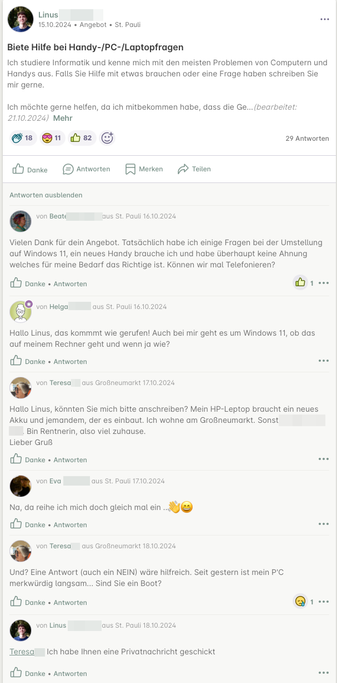 Ein Screenshot von nebenan.de. Linus, ein Informatik-Student, bietet kostenlose Hilfe bei "Handy/PC/Laptopfragen" und wird direkt mit Fragen zugeschüttet