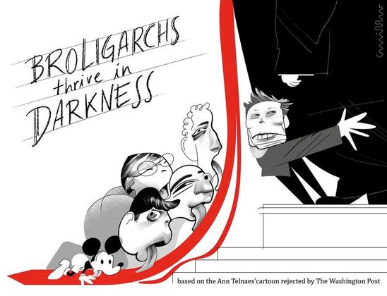 Cartoon depicting the bottom half of a giant fat man with small hands and a red tie that stretches all the way to the floor. Hugging his legs is Elon Musk. Kneeling and licking his tie are four other men, the tech bros, and Mickey mouse.