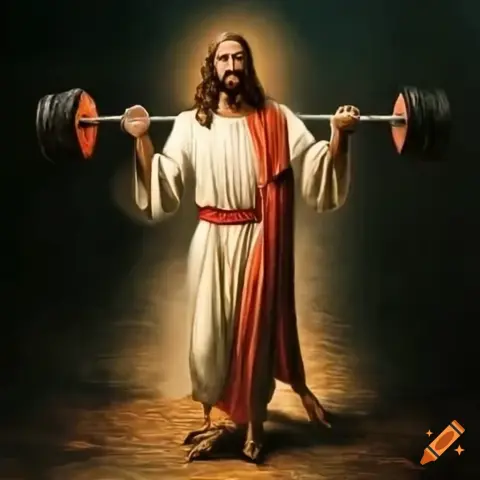 Jezus met backlight is gewichten aan het tillen.