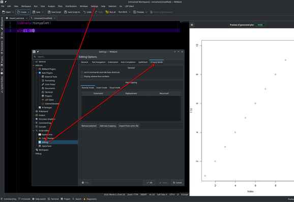 Screenshot showing the rstats IDE/GUI RKWard with key bindings and vi commands