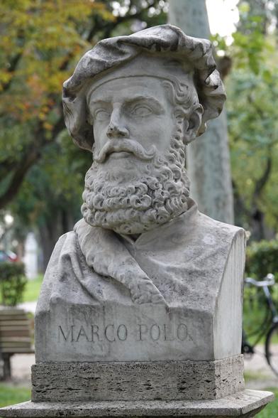 A bust of the head and torso of Marco Polo.