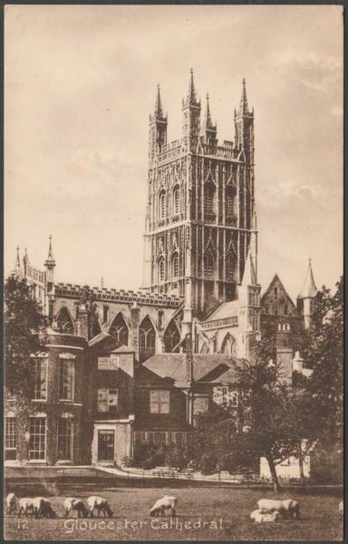 Printed sepia postcard showing a view of Gloucester Cathedral in Gloucestershire.
Published by S.A. Pitcher, College Green, Gloucester, No 12, c.1920s.
Postally unused.
Very good condition, with very slight corner bumps.