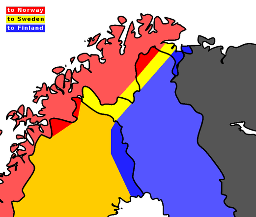 Norway gives its easternmost part to Finland, creating a corridor to the Arctic coast.
Norway and Finland give Sweden a long narrow corridor to the Arctic coast.
Finland gives its northernmost part to Norway.
Sweden gives its northwestern part to Norway and its northeastern part to Finland.