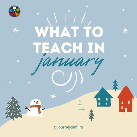 Illustration of a winter scene. Snow flakes fall over a snowy hill with pine trees, little houses, and a snowman. Text says: "What to Teach in January. Journeys in Film."