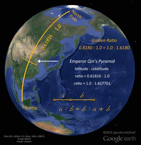 Google Earth image of the globe illustrating the position of Emperor Qin's tomb at the golden ratio latitude.