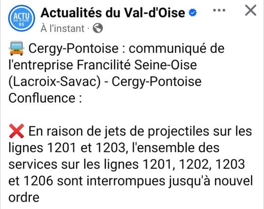 Annonce sur FB que les lignes de bus 1201 1202 1203 et 1206 sont interrompues jusqu'à nouvel ordre sur Cergy Pontoise, Val d'Oise.