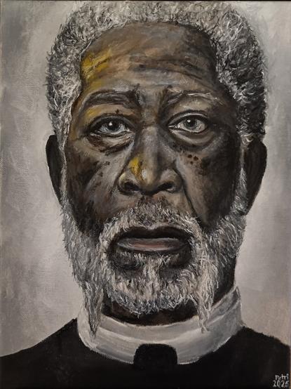 An oil painting of the actor Morgan Freeman as Lord Bartok in the movie "Last Knights".