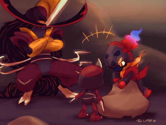Pawniard and Charcadet happily play around a rock in the foreground. Not far away, Kingambit snoozes in the background.