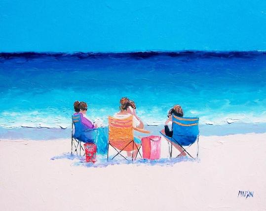 A beach painting of three girl friends soaking up the sun in front of a bright blue ocean. One is on the mobile phone! I loved the contrast of the orange chair against the brilliant blue ocean.