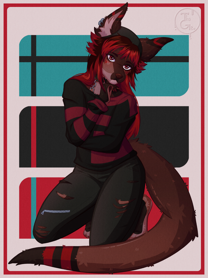 - Drawing Type:
Normal Style / Cell Shading / Fullbody

- [ 1 ] Character/s:
* Furry / Female / Kangaroo

- Background:
Simple [Shapes]

- Description:
A brown kangaroo with red hair wearing a black beanie and some back and red clothes posing while is looking at the viewer