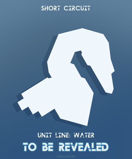 Teaser image of a pin design featuring a white silhouette on a blue background. Text reads: "Short Circuit", "Unit Line: Water", "TO BE REVEALED".